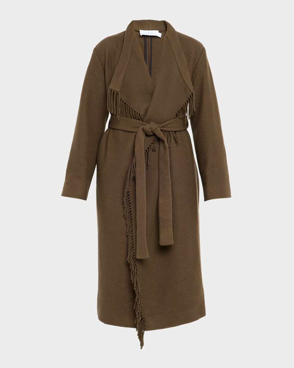 Nicky Belted Fringe-Trim Coat